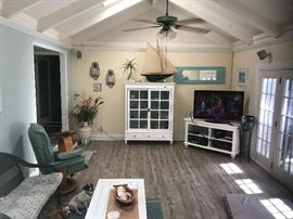Whitewashed Ethan Allen Display Chest, Model Sailboat, Nic Nacs, Wall Art, 46" Toshiba Flat Screen TV & White Wood TV Stand