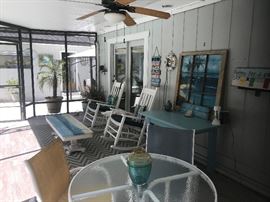 Beach Scene Painted Coffee Table, Patio Table & 4 Chairs, 2 Wooden Rocking Chairs, Side Table & Wall Art