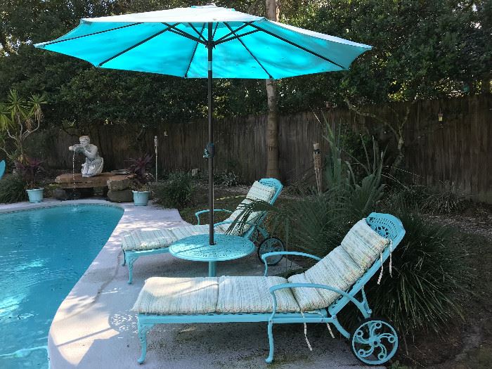 2 Powder Coated Lounge Chairs with Umbrella Stand Table, Umbrella & Cushions