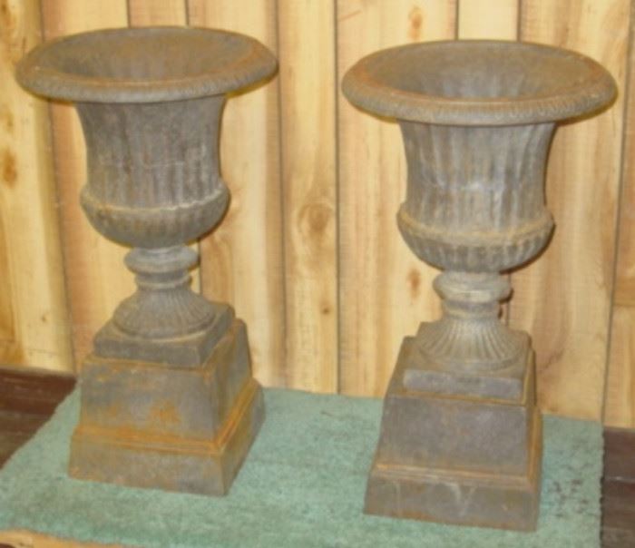 Pair of Cast Iron Yard Urns w/Bases