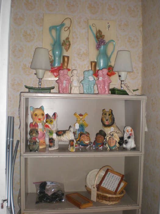 MCM plaster of paris plaques, MCM pair of lamps, cubby kids pottery, animal and character chalkware, lottory number games, operator telephone headset.