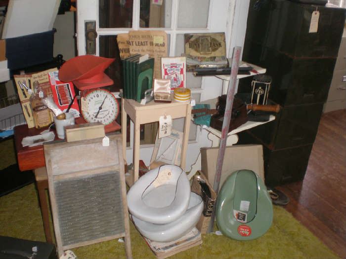 Glass washboard, scale, 3 bedpans, 4 file drawers to stack any way, maps, newpapers. small tables.