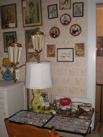 MCM lamp, costume jewelry, silhouettes, colonial floor lamp, lots of smalls.