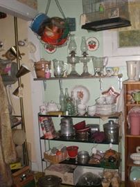 Mechanical bird in bird cage, tins, oil lamps, cookie jar, china snack plates and cups, cookbooks, ice bucket, teapot, pole lamp and more!