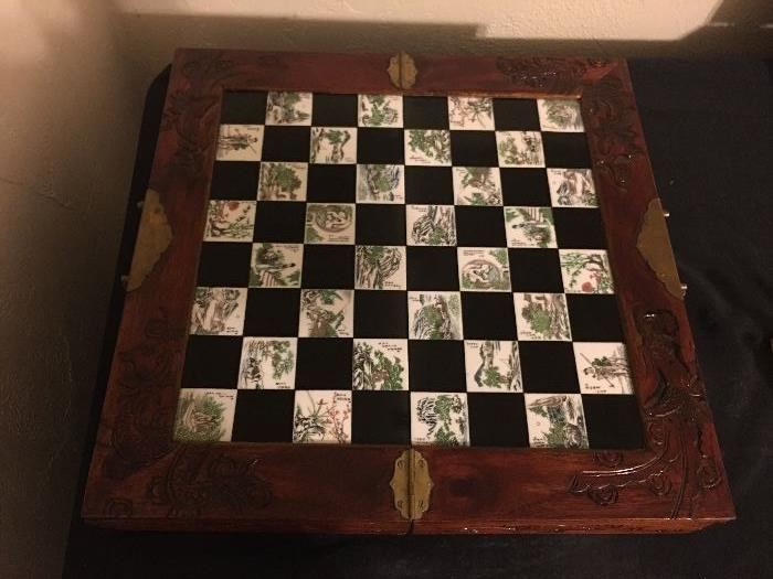 Vintage Asian chess set in hand carved box and carved soapstone pieces 