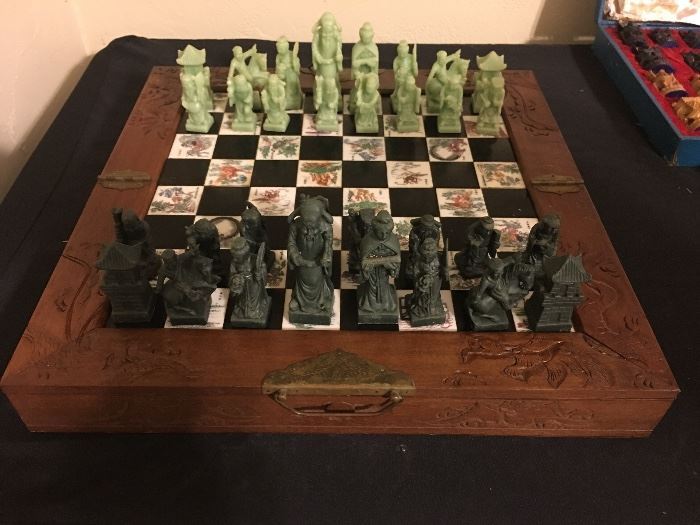 Vintage Asian chess set in hand carved box and carved soapstone pieces 
