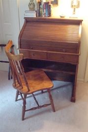 Small maple roll top desk and chair.