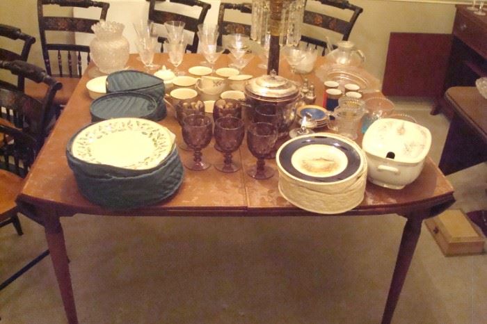 Lenox christmas china, Fish plates and misc. on table. Table is vintage walnut Queen Anne drop leaf.
