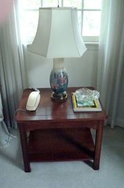 Signed Rookwood vase made into table lamp. Cherry stand is marked Ellsworth of Willoughby, ohio 1978, Western Reserve of Conn.