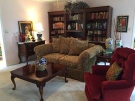 Red upholstered rocker, sofa, living room