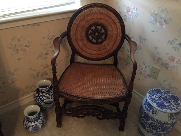 Oriental cane chair, blue & white ceramics