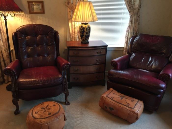 Leather recliners, small chest, Moroccan leather poufs