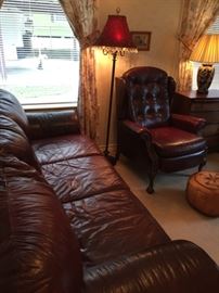 Leather couch, floor lamp