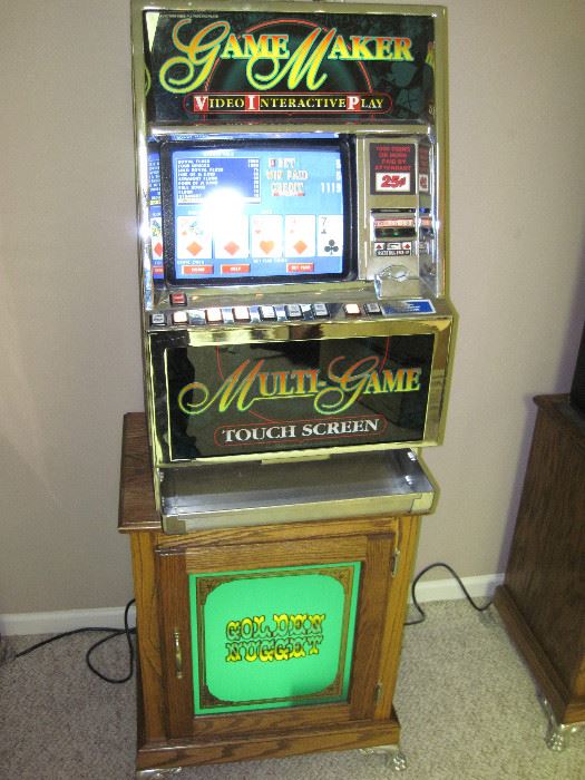Bally Game Maker Touch Screen Video Poker Machine with Bally Tall Electric Series Golden Nugget Green Base Cabinet