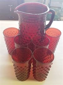 Vintage Hocking Glass Oxblood Red Hobnail Pitcher and Six Glasses