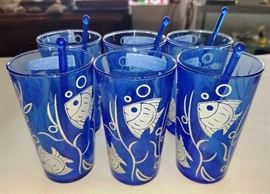 Depression Era Blue Hazel Atlas Glass Co. "Goldfish" Tumblers with Swizzle Sticks