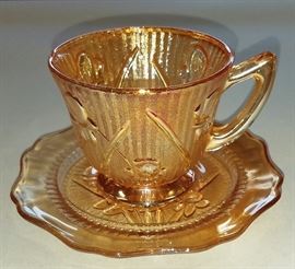 Depression Era Jeanette Glass "Iris & Herringbone" Carnival Glass Cup & Saucer / Several