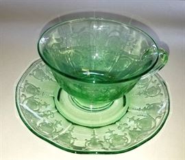 Depression Era Green Fostoria Glass Co. "Vernon" Cup & Saucer / Several / Very Rare Pattern