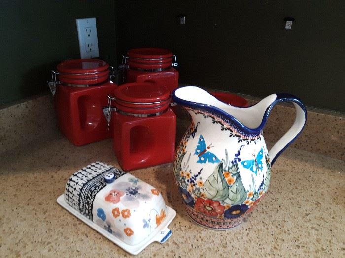 Porcelain Kitchen Canisters, Creamer, Butter Dish