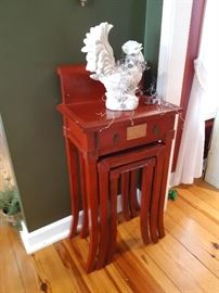 Italian Pottery Roosters, Red Tall Nesting Tables