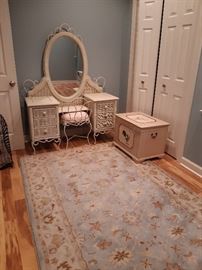 Shabby Chic Vanity with Mirror and Chair, Chest, Area Rug