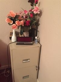Two Drawer File Cabinet, Silk Flowers, Clock Radio