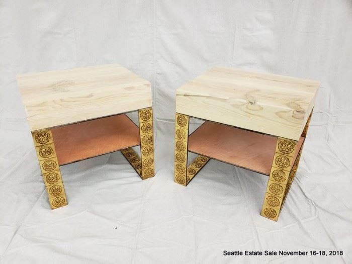 Wood slab side table with gilt-medallion base and stretcher shelf.