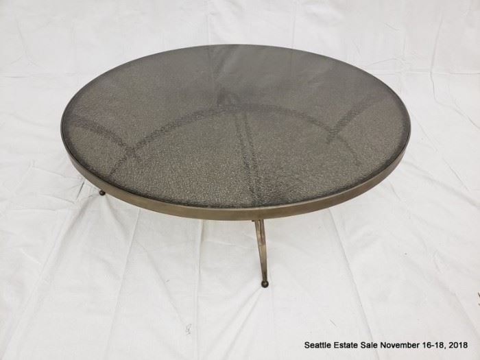 Vintage Bronze and crackled glass round coffee table.