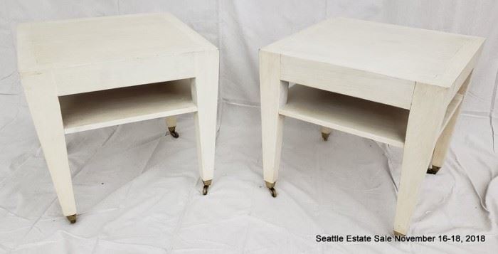 Square-form side table with bronze casters.