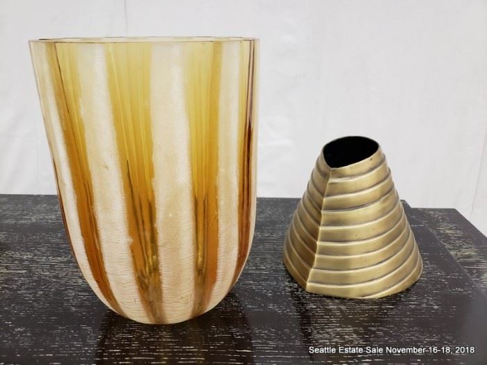 Kelly Wearstler designed bronze cone accent. Barbini Murano etched amber glass vase.