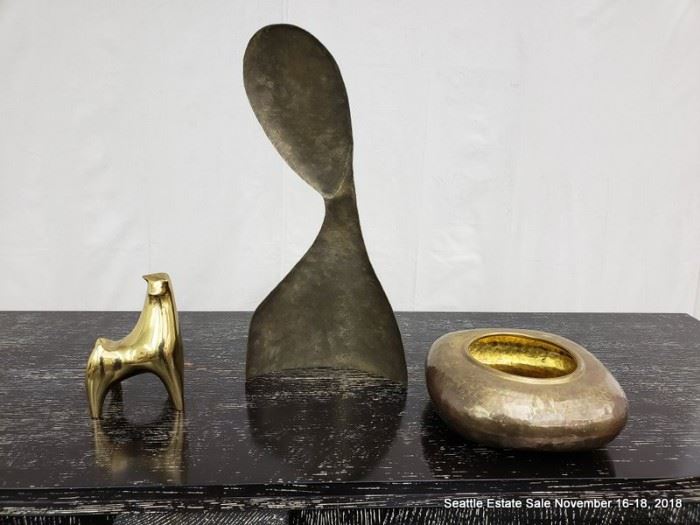 Mid-Century Modern Bronze Bull, brass silhouette, gold-tone vessel.