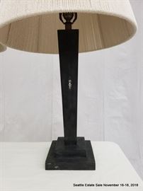 Textured table lamp with wrapped string shades.