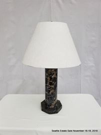 Table Lamp with octagonal marble standard and white shade.
