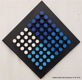 Edward Movitz "Blue Black and White" wood construction.Approx. Size: 21" x 21"