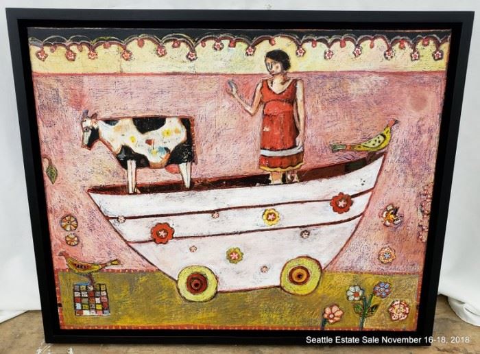 Likely Jill Mayberg painting on panel depicting a whimsical scene.Approx. Size: 24" x 30"