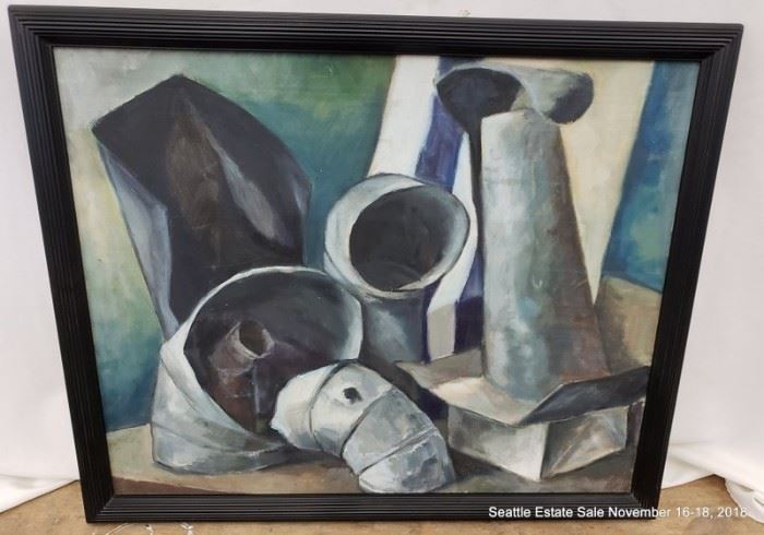 Oil painting, unsigned, still life with cylinders Approx. Size: 29" x 24"
