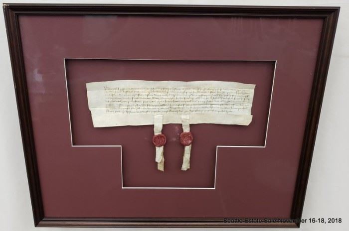 Circa 1461 Freehold Estate transfer document with facsimile seals.Approx. Size: 5" x 12"