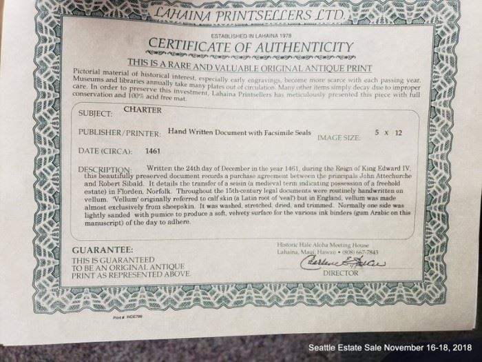 Circa 1461 Freehold Estate transfer document with facsimile seals.Approx. Size: 5" x 12"