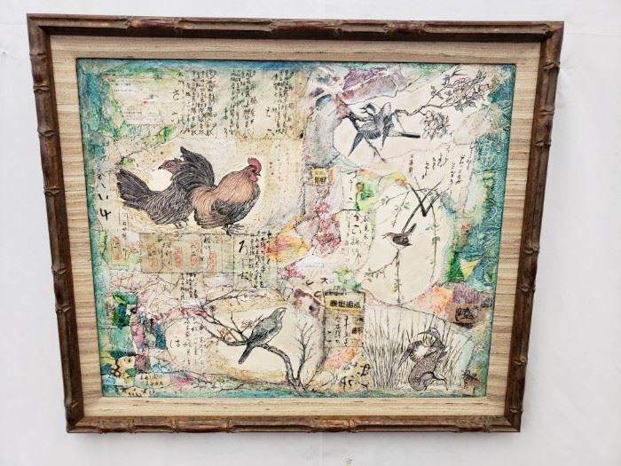 Chinese bird collage in bamboo-style frame.Approx. Size: 23.5" x 20"
