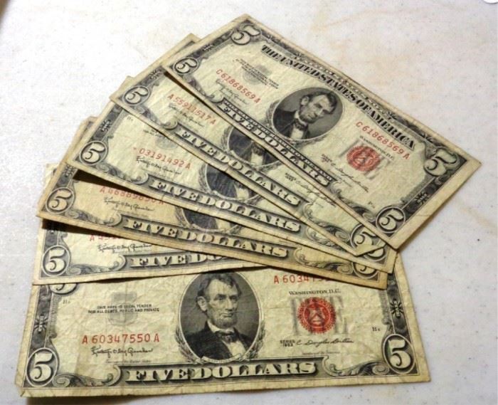 Red seal $5 dollar bills