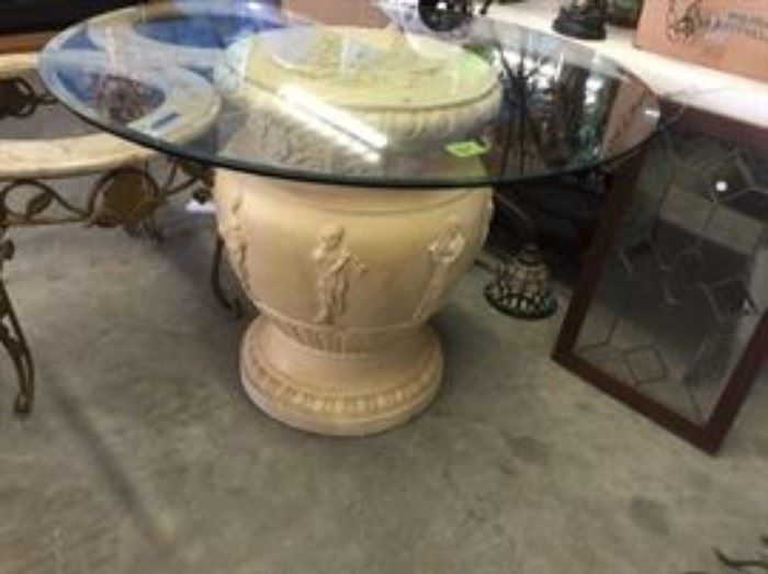 Plaster Base with greek women and decrative inlaid top, with heavy glass top