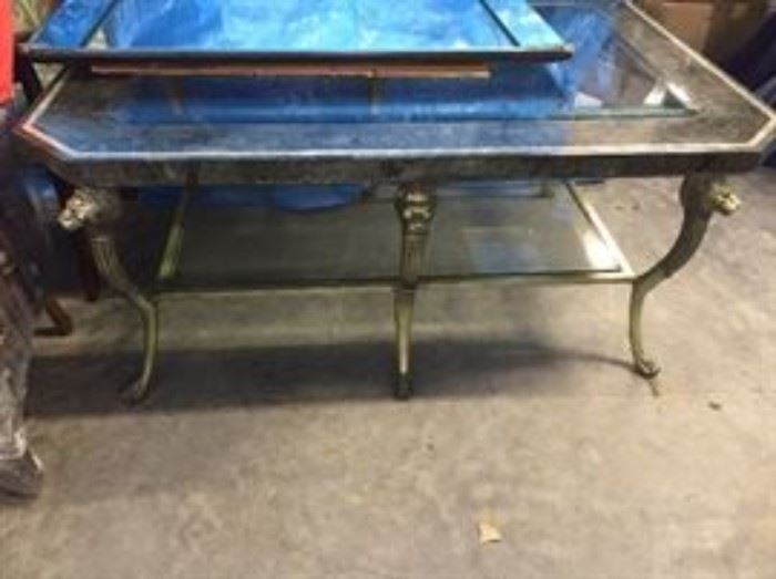 Designer Large Coffee Table inlaid glass top with heavy brass lion heads legs, stunning designer piece