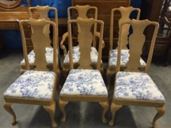 Henderdon Olive Ash Fench set of six chairs, new uplhostery in royal blue toile
