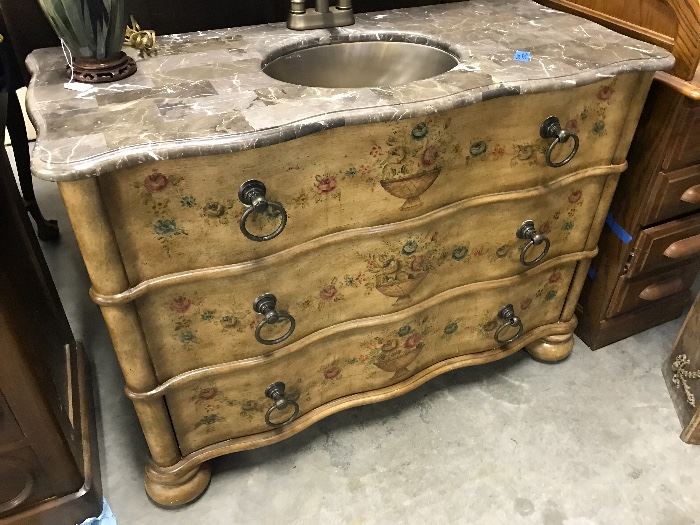 Beautiful Hand Painted Sink with Brown Mable top and Brass sink and fixtures