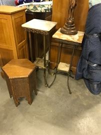 Moroccan Craved small oak table, Antique brass plant stands, with marble top used for antique busts and plants