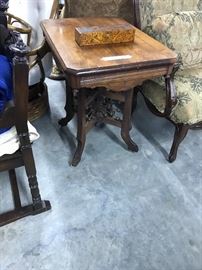 Walnut Eastlake table, and antique wood burn box