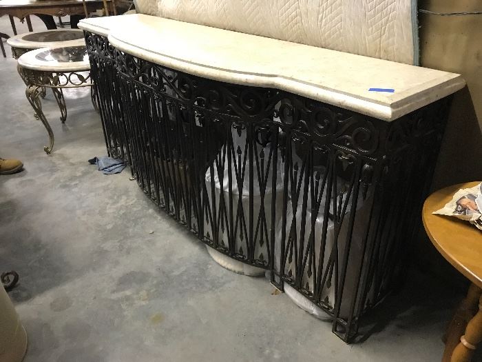 Long heavy Iron Table,with arrow design, with marble top, Very Cool