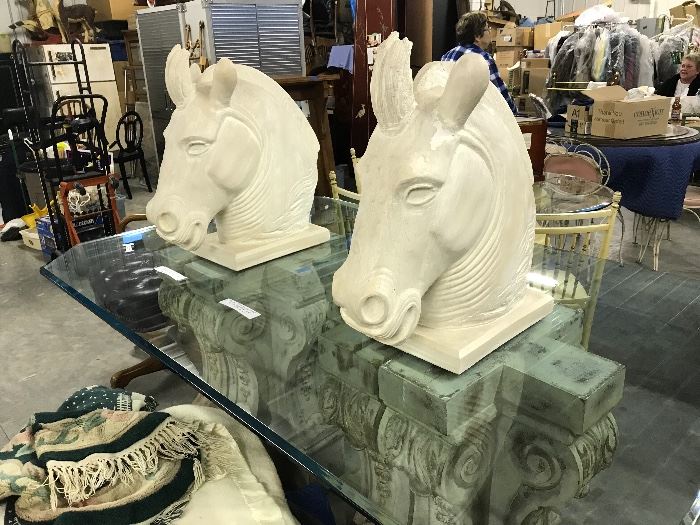 Awesome plaster columns, pair of huge trojan plaster horses, glass top available, all sold seperate