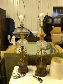 Pair of Italian Iron and Crystal Lamps