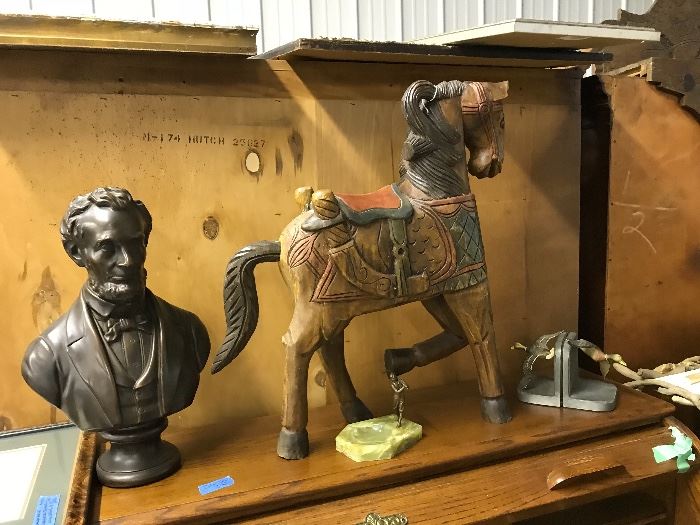 Bust of president Lincoln, hand carved horse, sets of book ends